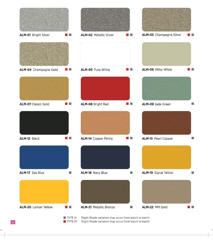 ACP sheet colour chart showing metallic, white, red, green, blue, yellow and bronze finishes