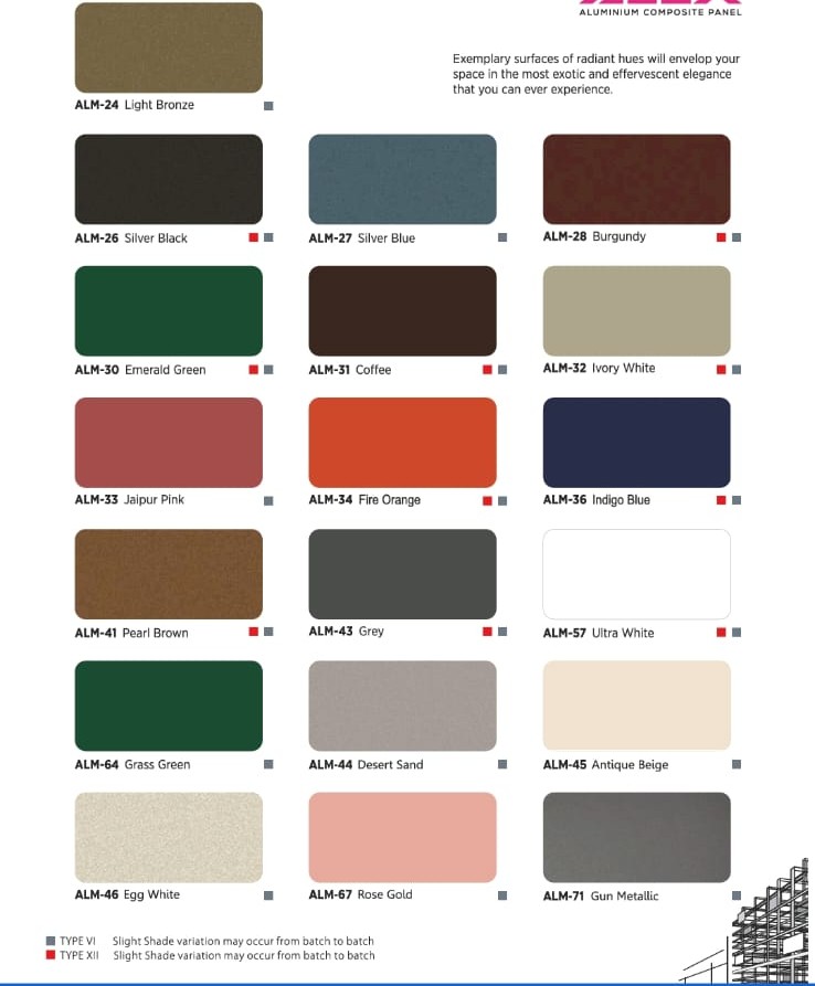 ACP sheet colour chart showing bronze, silver, burgundy, green, pink, orange, blue and neutral finishes